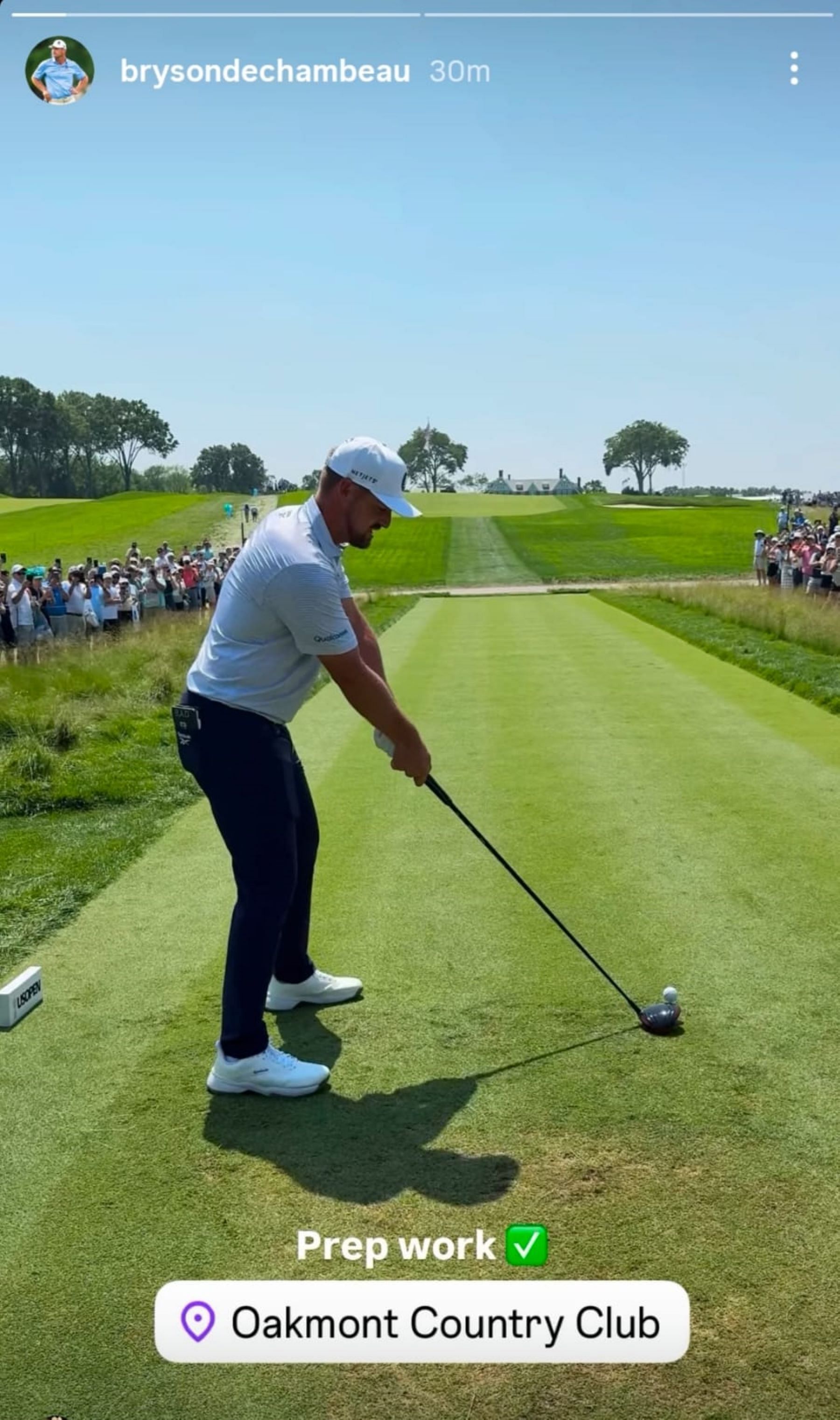 Bryson DeChambeau hitting a tee shot during a practice round at the 2025 U.S. Open (via @brysondechambeau)